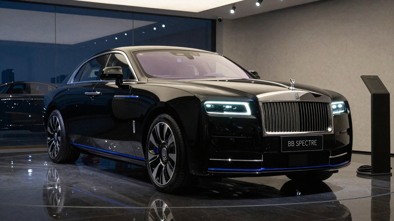 Carro esportivo Rolls-Royce preto em alta velocidade em estrada com montanhas ao fundo.
