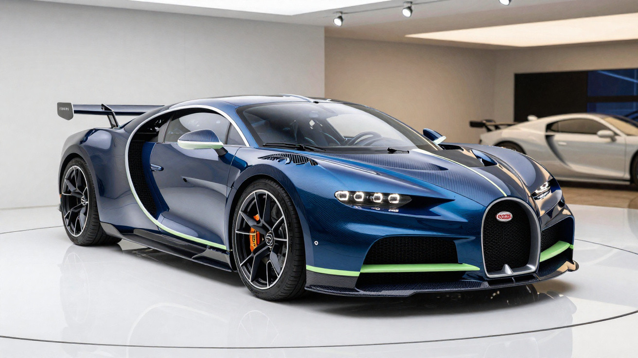 Carro de corrida Bugatti preto em alta velocidade em pista de corrida com árvores ao fundo.