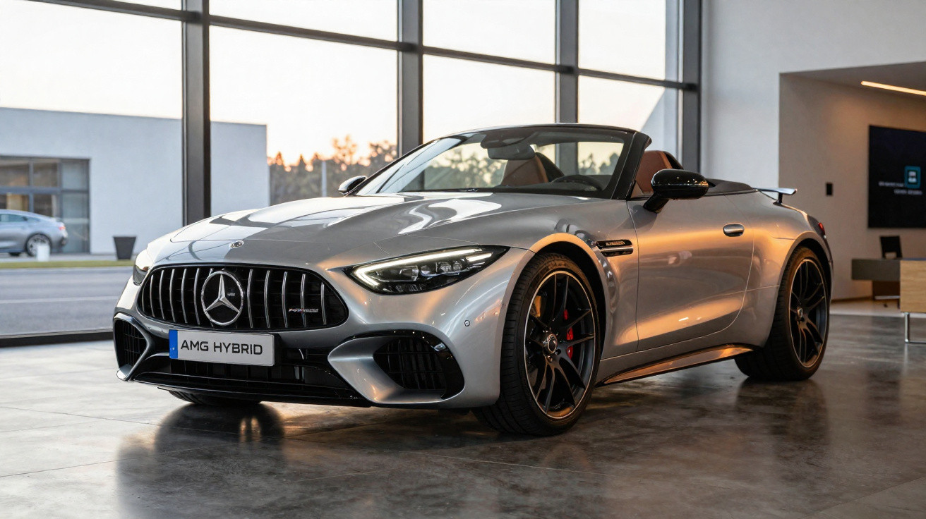 Carro conversível esportivo branco Mercedes-Benz em estrada com árvores ao fundo em dia ensolarado.