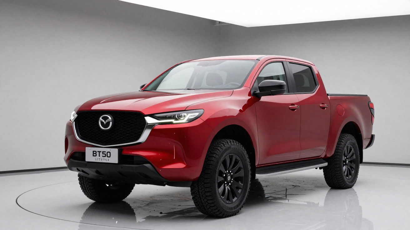 Caminhonete Mazda cinza dirigindo em estrada de terra, levantando poeira em área rural com vegetação.