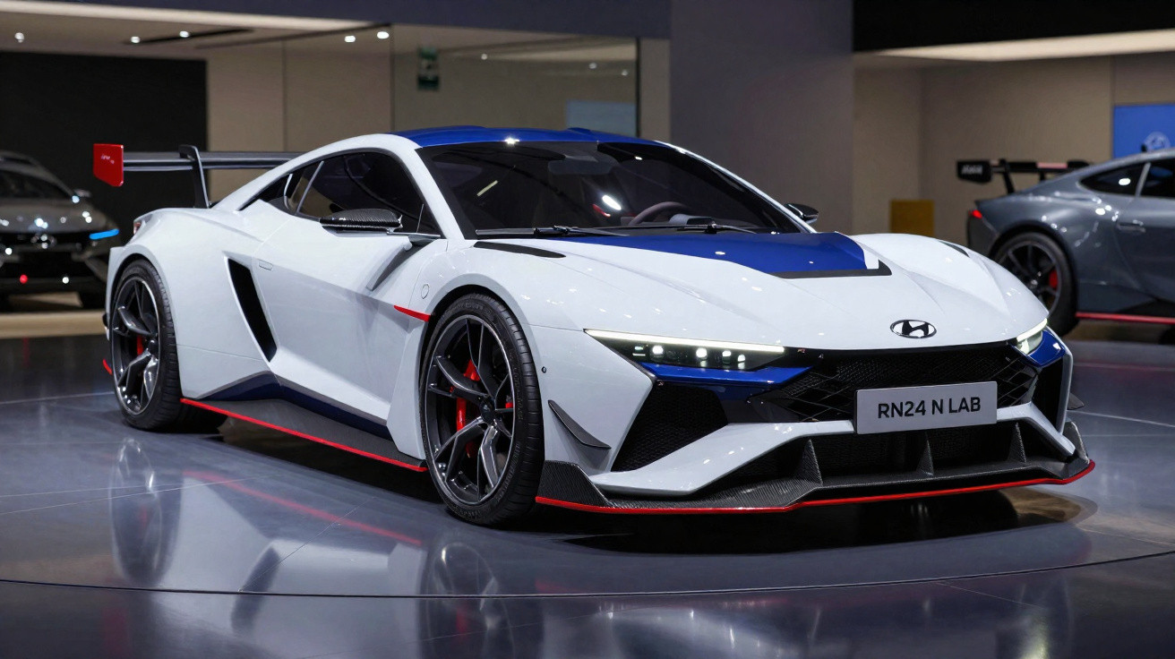 Carro de corrida elétrico Hyundai N com piloto em pista molhada fazendo curva em alta velocidade.