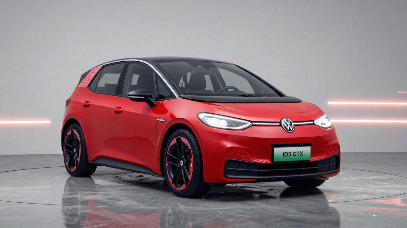 Carro branco Volkswagen elétrico modelo compacto em estrada com céu nublado e árvores ao fundo.