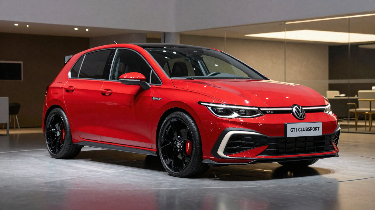 Carro Volkswagen Golf GTI branco em alta velocidade em pista de corrida com motorista visível.