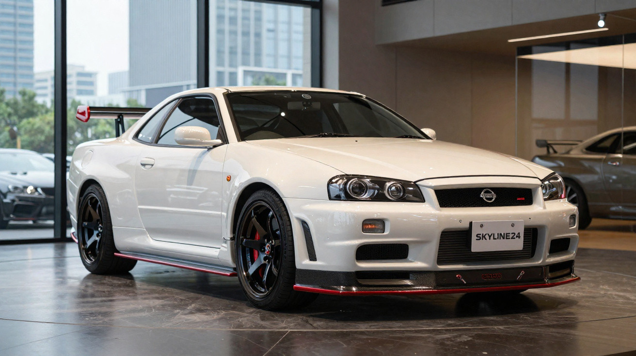 Carro esportivo cinza Nissan Skyline Nismo em alta velocidade em pista com céu nublado ao fundo.