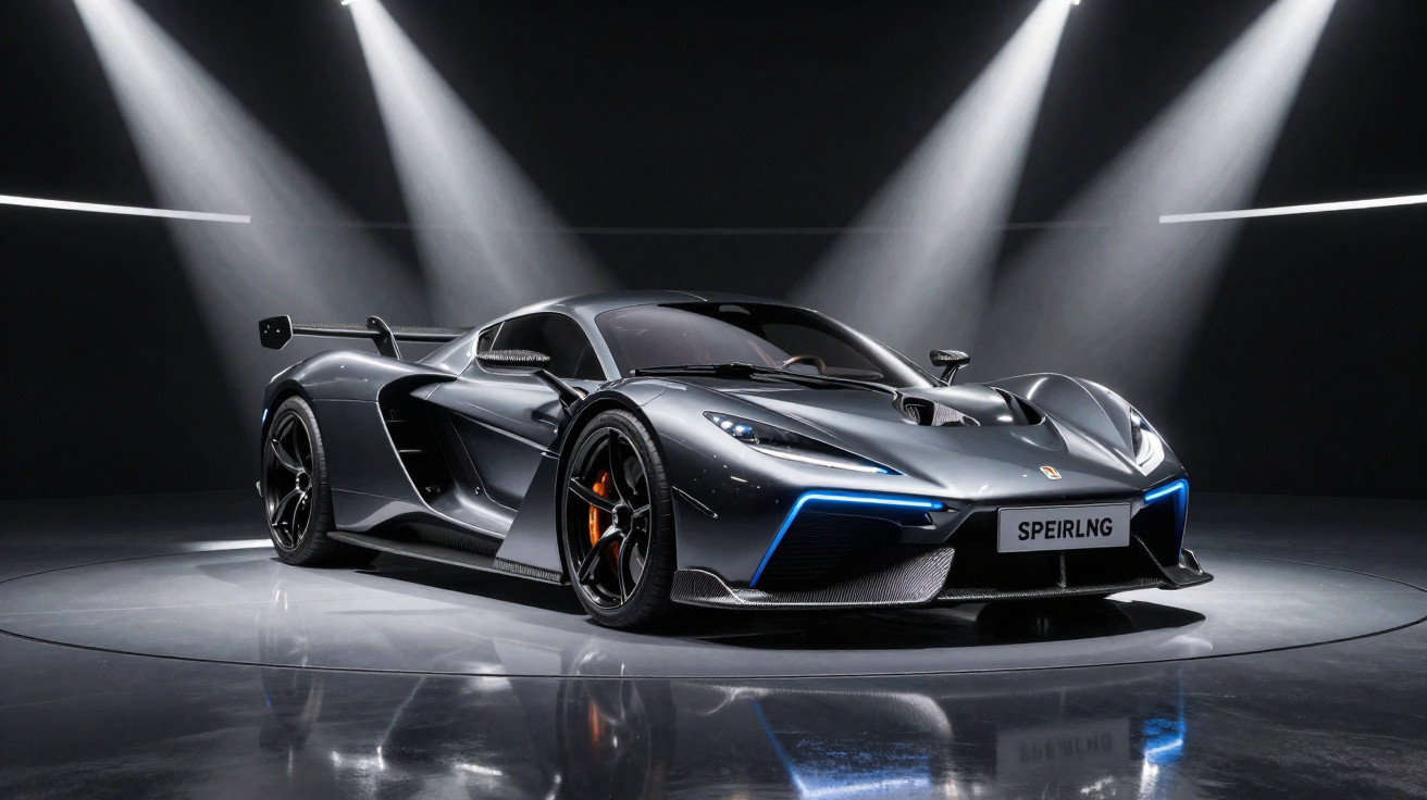 Carro de corrida azul com design aerodinâmico avançado em pista sob céu com nuvens ao entardecer.