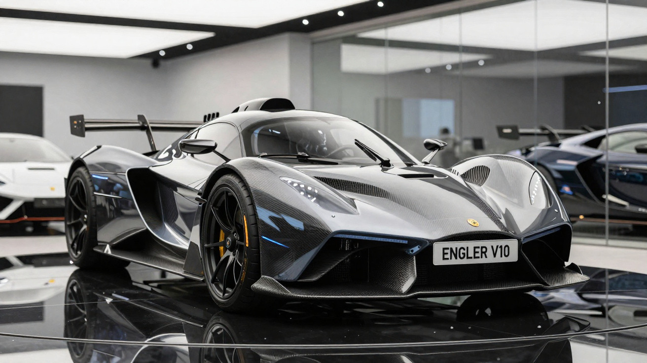 Carro esportivo azul com design futurista e piloto com capacete preto em estrada costeira.