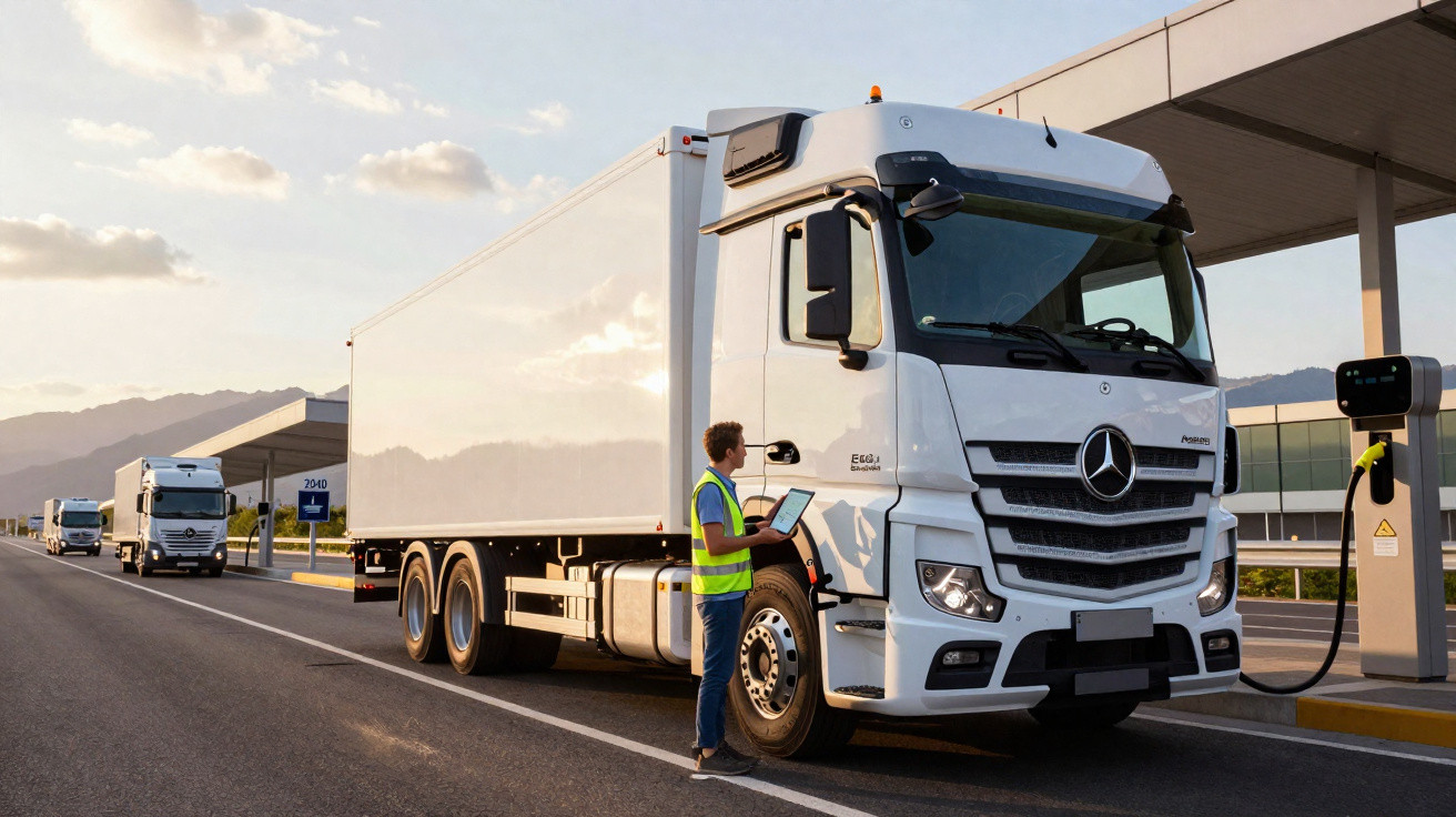 Três caminhões elétricos Mercedes-Benz em pista sob céu nublado, cores branco e azul.