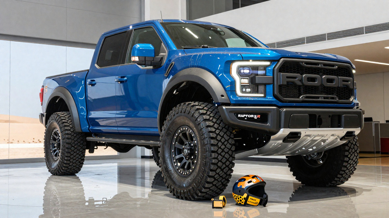 Picape preta Ford Raptor suspensa no ar em dunas de areia ao pôr do sol.