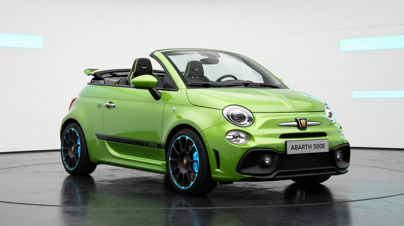 Carro esportivo azul Abarth em movimento em estrada com céu nublado e paisagem ao fundo.