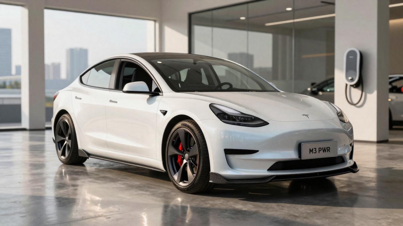 Carro elétrico vermelho Tesla modelo futurista em estrada com montanhas e árvores ao fundo.