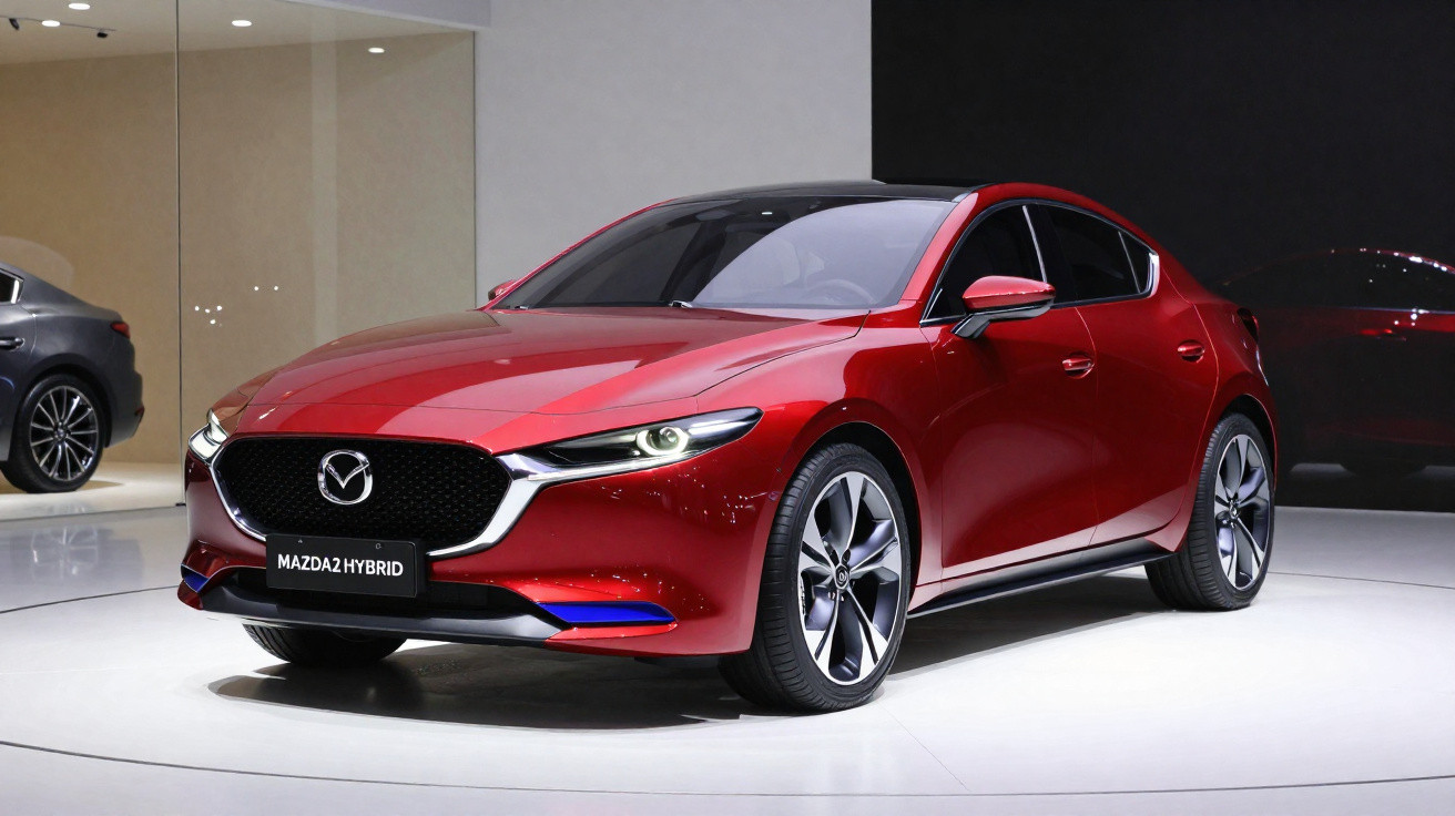 Carro hatchback azul Mazda em movimento numa estrada curva cercada por árvores sem folhas.