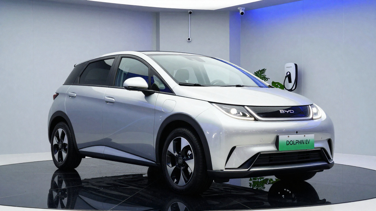 Carro elétrico azul BYD modelo SUV em estrada asfaltada com vegetação ao lado em dia nublado.