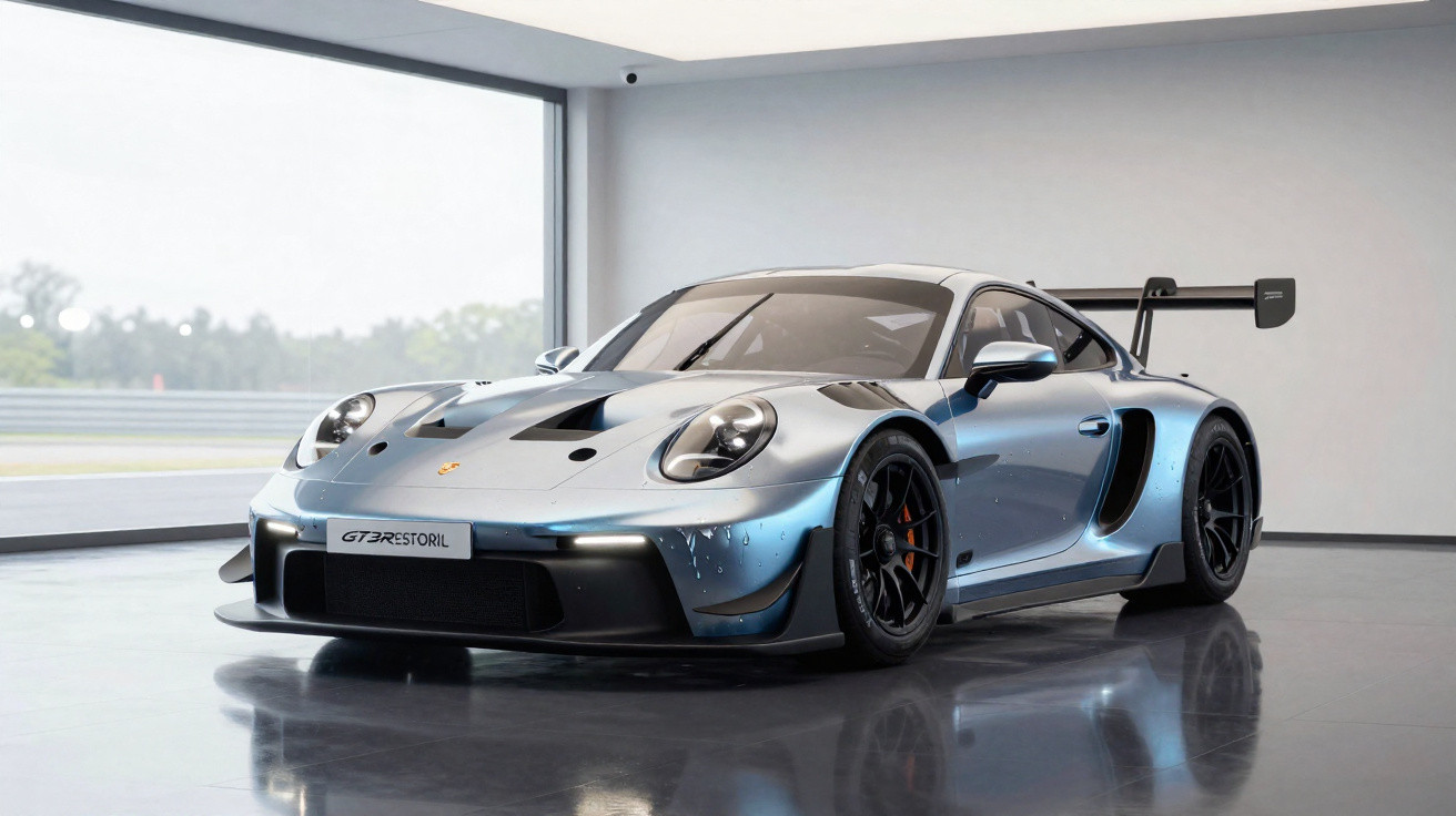 Dois carros esportivos de corrida Porsche com pintura amarela e bege em pista durante pôr do sol.