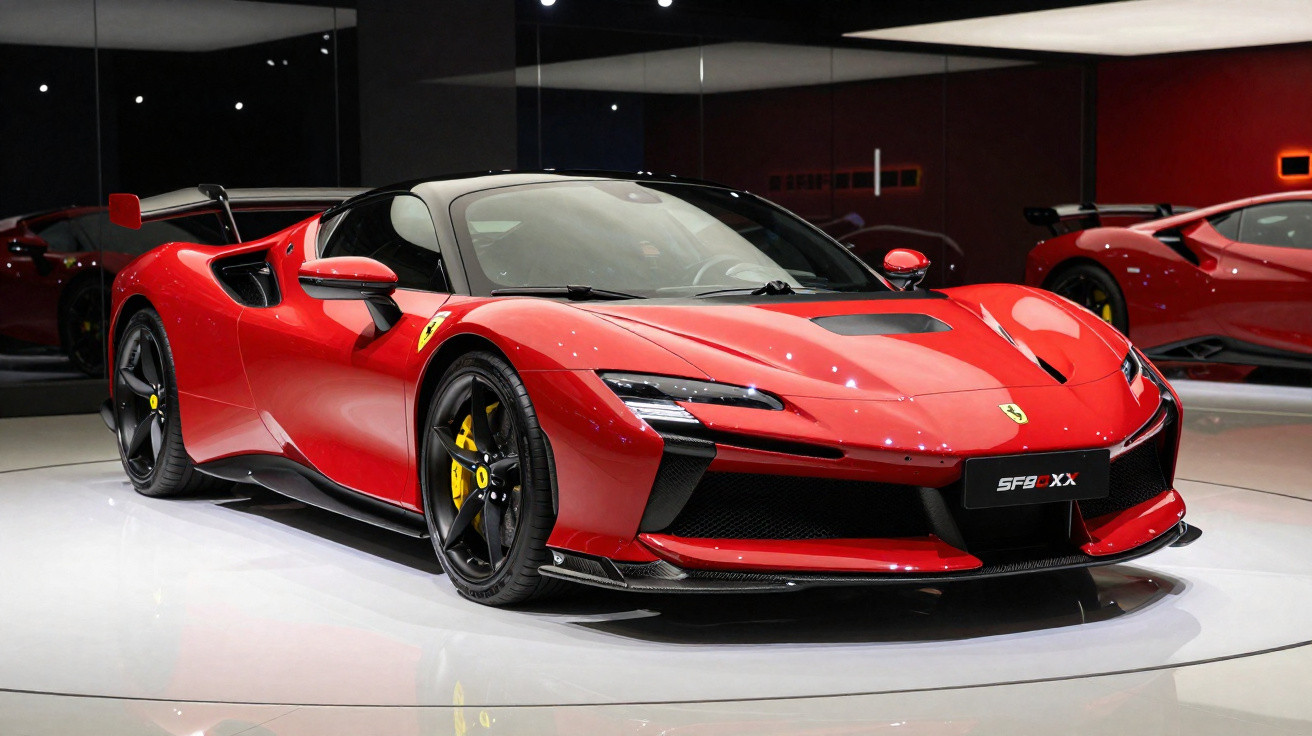 Carro esportivo vermelho em alta velocidade em pista de corrida com paisagem de árvores ao fundo.